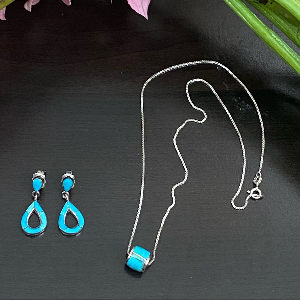 Sterling Silver Turquoise Inlay 16” Necklace and Earrings Set